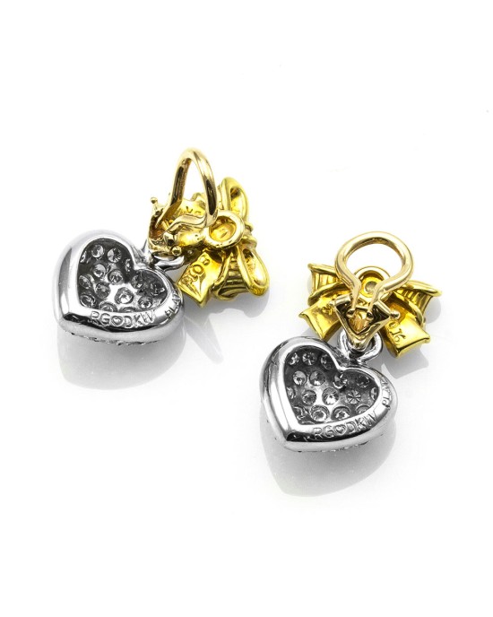 Pave Diamond Heart Dangle Earrings in 18K Yellow Gold & Platinum